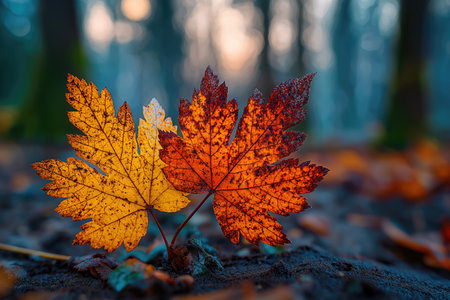Two contrasting autumn leaves, one yellow and one orange, stand upright on the forest floor, backlit by the setting sunの素材