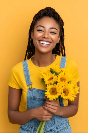 Young smiling woman holding a bouquet of sunflowers on a yellow backgroundの素材