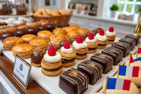 Mouth watering assortment of colorful pastries tempting customers in a French bakeryの素材