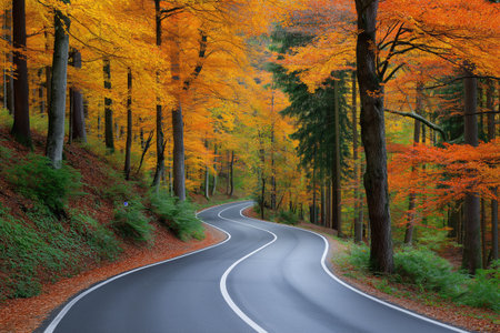 Scenic route winding through vibrant trees in autumnの素材