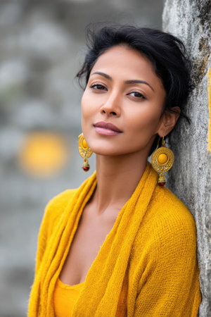 Portrait of a beautiful Indian woman with dark hair, wearing yellow clothes and earrings, leaning against a stone wallの素材