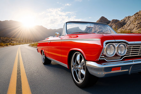 Classic red convertible cruising down a desert highway at sunset, enjoying the open road and scenic landscapeの素材