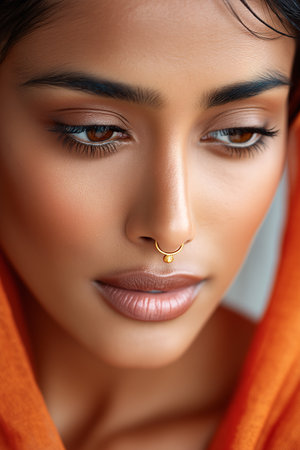 Close up portrait of a beautiful young Indian woman wearing an orange veil and a golden nose ringの素材