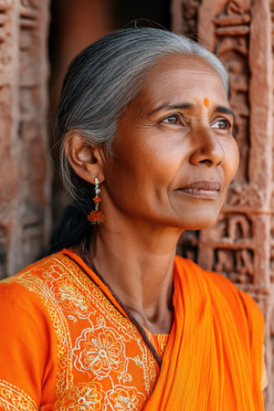 Portrait of a thoughtful senior Indian woman wearing a bright orange sari and traditional earrings, gazing upwards in contemplation near a weathered buildingの素材