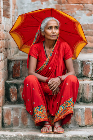 Senior Indian woman wearing traditional red sari sitting on steps holding a colorful parasolの素材