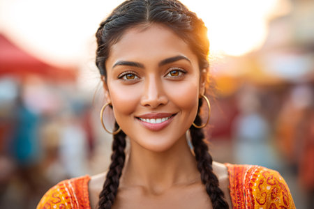 Portrait of a beautiful young woman smiling with braids at sunset in a marketの素材
