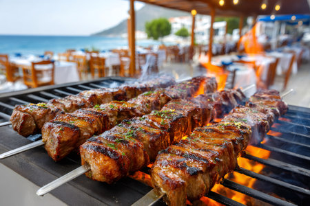 Juicy meat skewers grilling on barbecue by the sea, creating a mouthwatering scene of a Greek culinary experienceの素材