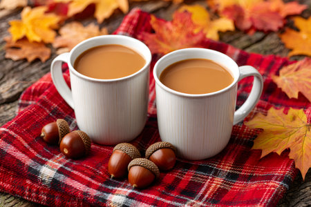 Two steaming mugs of coffee sit on a cozy plaid blanket surrounded by autumn leaves and acorns, creating a warm and inviting sceneの素材
