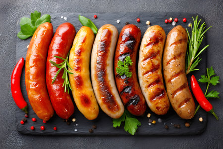 Delicious grilled sausages seasoned with herbs and spices, creating a mouthwatering culinary sceneの素材