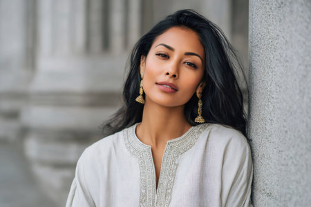 Beautiful Indian woman with long dark hair and golden earrings wearing traditional clothing poses near a columnの素材