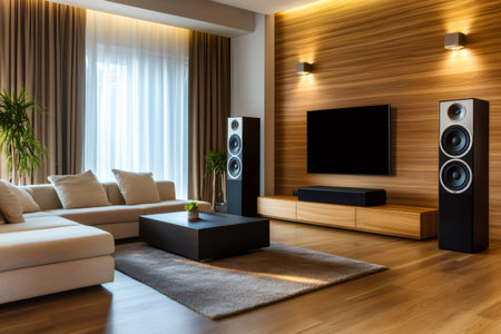 Cozy and stylish living room featuring a large TV, high quality audio speakers, and comfortable furniture, creating a perfect home entertainment spaceの素材