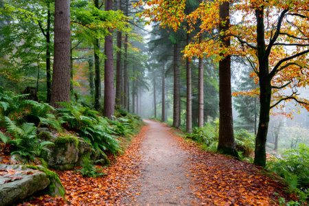 Fallen leaves covering a gravel path leading into a misty forest in autumnの素材