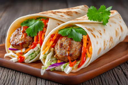 Two appetizing tortillas filled with meatballs, vegetables and spicy sauce lying on a wooden cutting board, ready to be eatenの素材