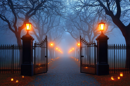 Wrought iron gate opening to mysterious path with lanterns and candles surrounded by trees in a foggy park at duskの素材