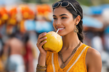 Beautiful young woman enjoying a refreshing coconut water on a tropical beachの素材