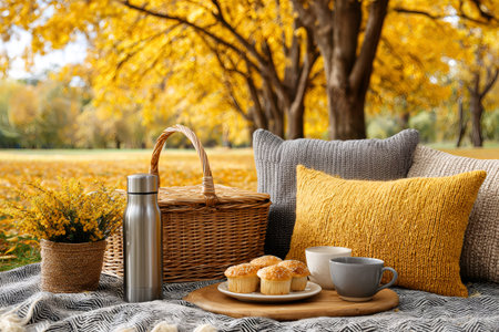 Cozy autumn picnic setting with yellow and gray pillows, muffins, hot beverages and a wicker basket in a parkの素材