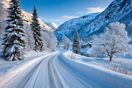 Snow covered road winding through a frosty valley, with snow capped mountains and trees in a winter landscapeの素材