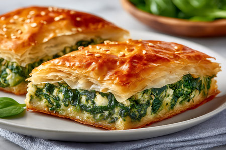 Golden brown spanakopita with crispy, flaky layers reveals a savory spinach and feta cheese filling, a classic Greek dishの素材