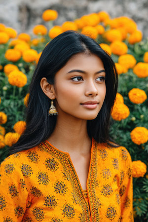 Fashion model posing in an orange dress in a field of marigold flowersの素材