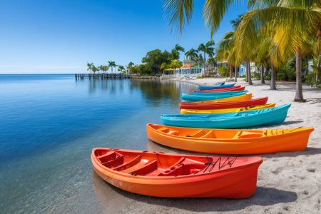 Colorful kayaks lined up on a sunny, palm lined tropical beachの素材