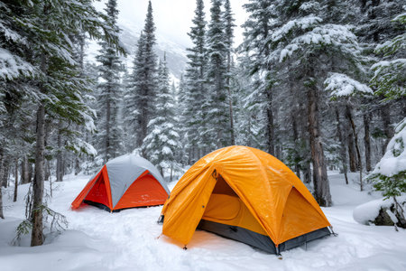 Orange and gray camping tents standing on snow in a snowy forest during winterの素材