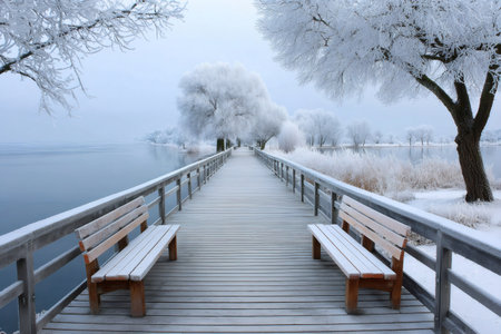 Snow covered benches on a wooden pier lead towards a frosty lake surrounded by snow laden trees, creating a serene winter landscapeの素材