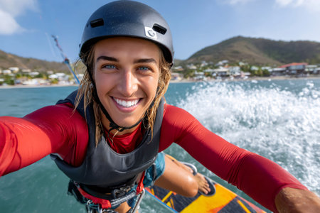 Kiteboarder captures the thrill of riding waves on a sunny dayの素材