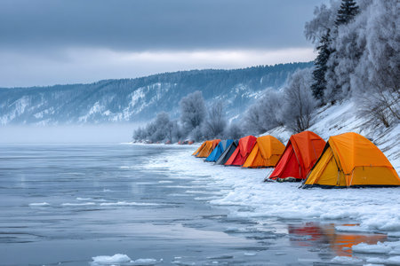 Colorful tents contrast against the icy landscape by a serene, frozen lakeの素材