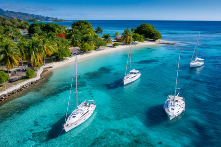 Sailboats resting in clear turquoise waters by a lush tropical beachの素材
