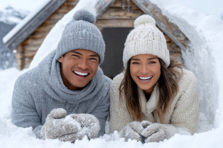 Happy couple in cozy sweaters lying in the snowの素材