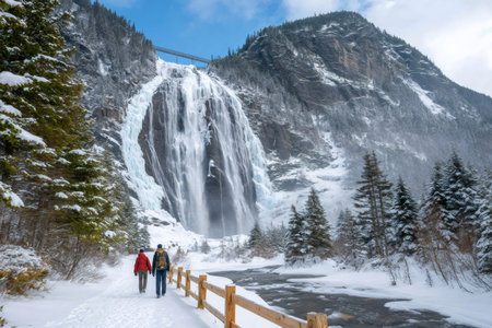 Two tourists walking on a snowy path towards a partially frozen waterfall in a winter wonderlandの素材