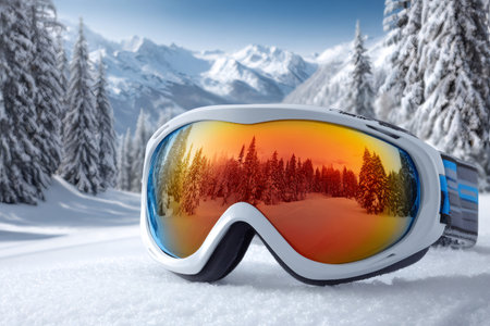 Ski goggles reflecting a stunning snowy mountain scene with evergreen treesの素材
