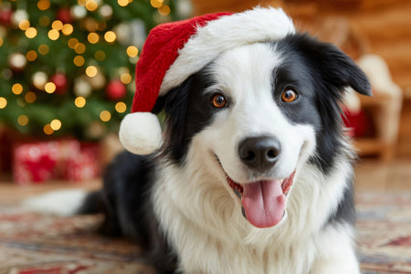 Border collie dog wearing christmas hat lying down near a christmas tree and looking happyの素材