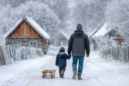 Parent and child walking through a snowy village with a wooden sledの素材