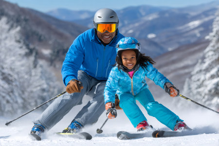 Father teaching his daughter how to ski on a beautiful sunny dayの素材