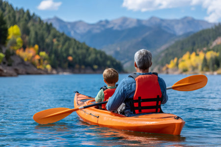 Family bonding while kayaking on a tranquil mountain lakeの素材