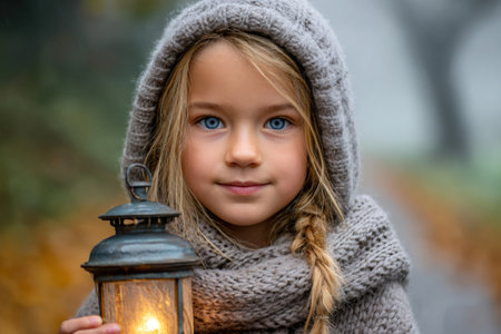 Portrait of blonde girl carrying illuminated lantern in fall forest, wearing cozy knitted clothesの素材