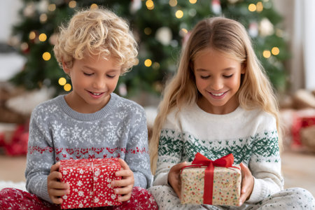 Two young kids holding Christmas gifts near a decorated Christmas tree, enjoying the festive seasonの素材