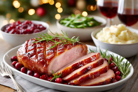 Delicious honey glazed ham served with cranberry sauce, green beans, and mashed potatoes for a festive Christmas dinnerの素材