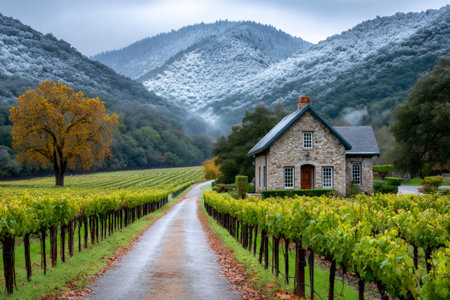 Scenic view of a vineyard with a charming stone house, a dirt road leading through rows of grapevines, and snow covered mountains rising in the distanceの素材