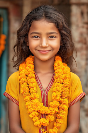 Smiling young girl wearing traditional yellow dress and marigold garland, representing South Asian cultureの素材