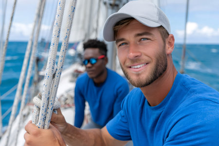 Two sailors working together on a yacht in the oceanの素材