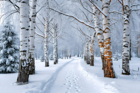 Fresh snow covers the ground and trees in a birch forest, with footprints marking a winding pathの素材