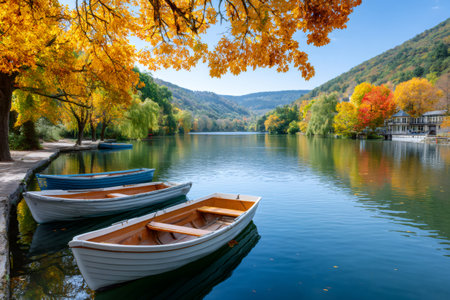 Boats floating on a serene lake surrounded by vibrant autumn treesの素材