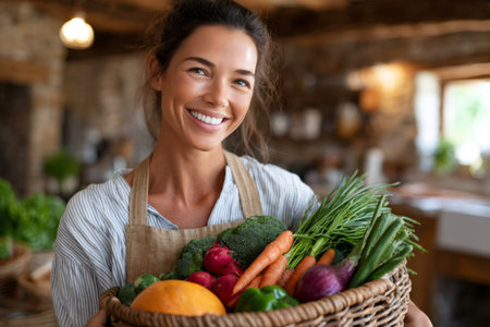 Woman displaying a basket of fresh vegetables in a rustic kitchenの素材