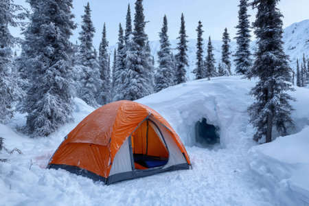Bright orange tent set up in snowy forest near a snow cave, offering shelter and warmth amidst winter wildernessの素材