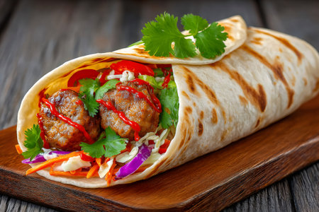 Tortilla wrap filled with meatballs, vegetables and spicy sauce, resting on wooden cutting boardの素材