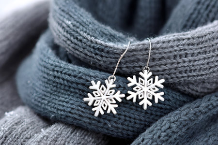 Elegant silver snowflake earrings resting on a cozy gray winter scarf, adding a touch of festive sparkle to the cold seasonの素材