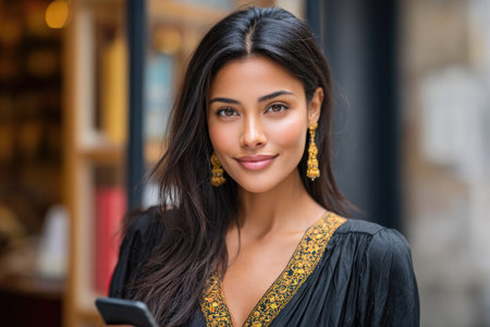 Confident businesswoman smiling while holding a smartphone, wearing elegant earrings and a stylish black dress with golden embroideryの素材