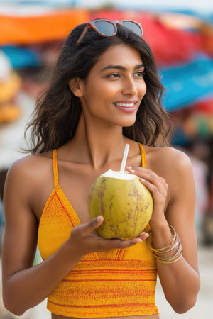Young woman enjoying a refreshing coconut water on a tropical beachの素材